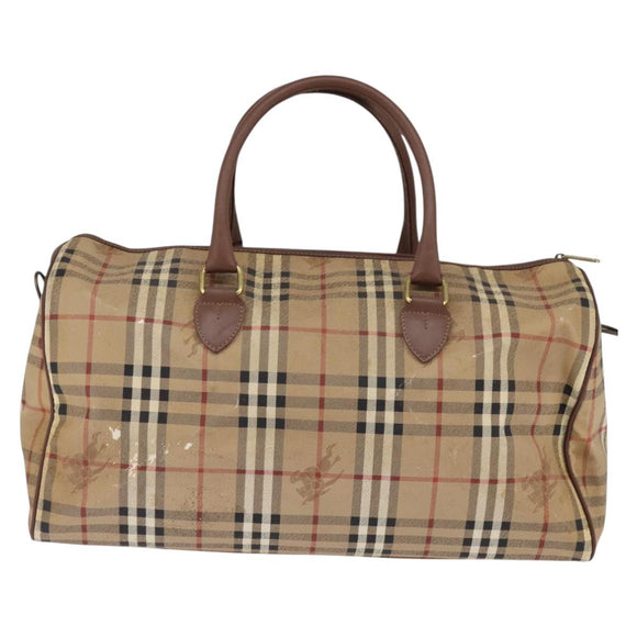 Burberrys Nova Check Boston Bag PVC Beige Gold Auth gh919