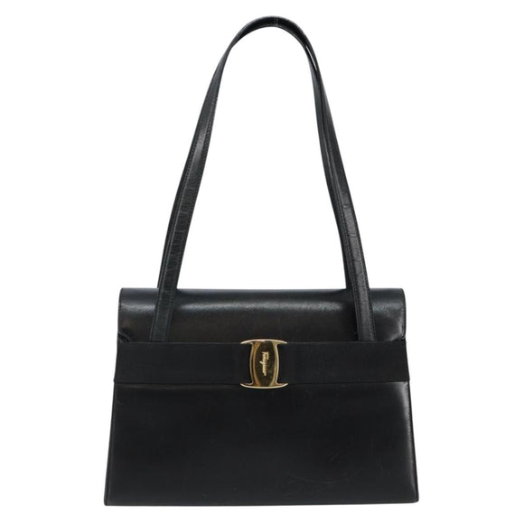 Salvatore Ferragamo Vala Shoulder Bag Leather Black Gold Auth gh986
