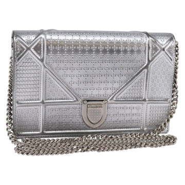 Christian Dior Chain Diorama Shoulder Bag Leather Silver Auth gh990