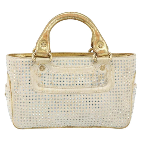 CELINE Hand Bag Satin Beige Gold Auth gh992