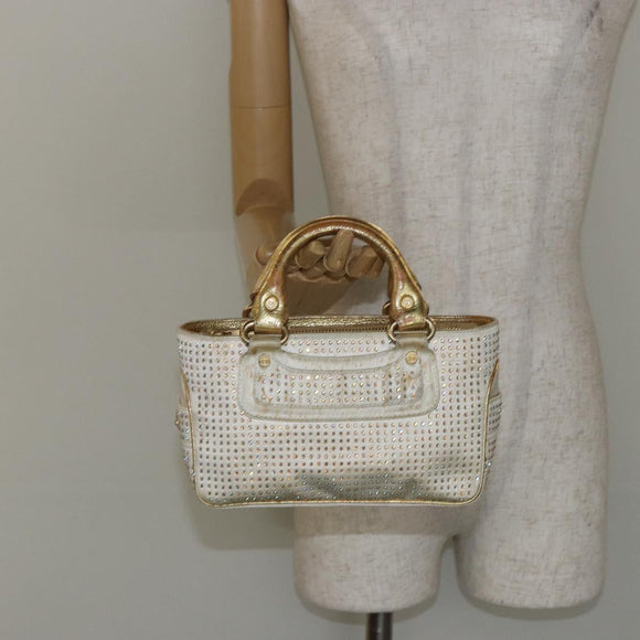 CELINE Hand Bag Satin Beige Gold Auth gh992