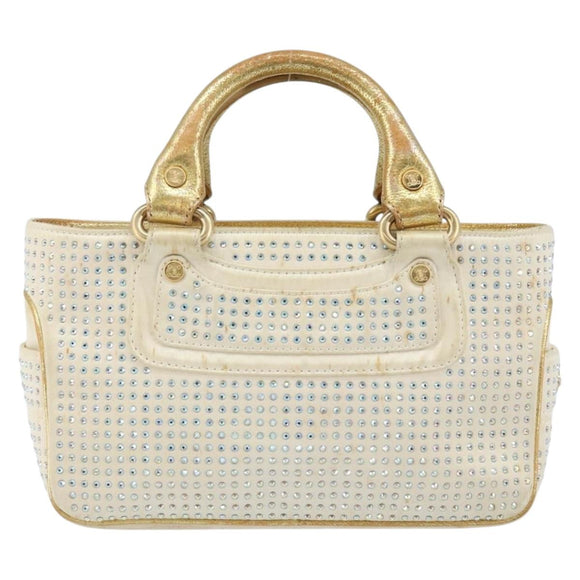 CELINE Hand Bag Satin Beige Gold Auth gh992