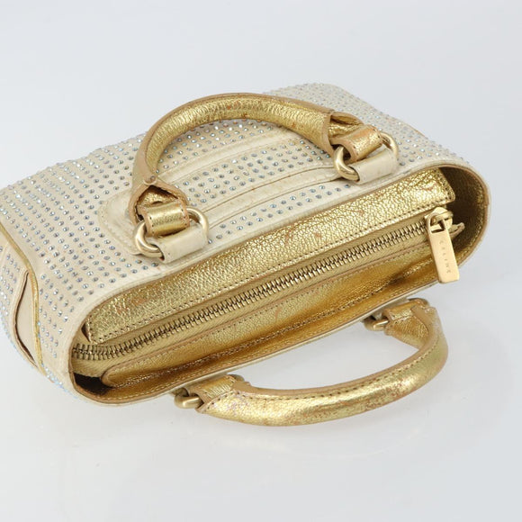 CELINE Hand Bag Satin Beige Gold Auth gh992