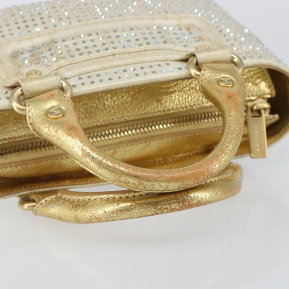CELINE Hand Bag Satin Beige Gold Auth gh992