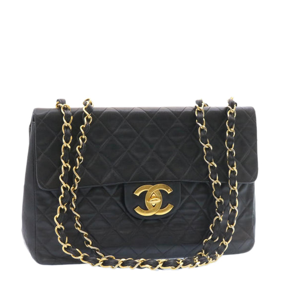 CHANEL Grote Matelasse 34 Klepkettingtas Lamsleer Zwart Goud CC Auth am1276gSAM