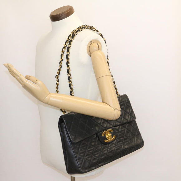 CHANEL Grote Matelasse 34 Klepkettingtas Lamsleer Zwart Goud CC Auth am1276gSAM