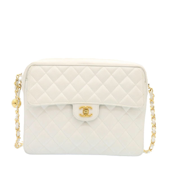 CHANEL Matelasse Chain Shoulder Bag Caviar Skin Gold White CC Auth am1370gAV