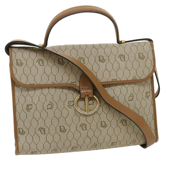 Christian Dior Honeycomb Canvas Hand Bag PVC Leather 2way Beige Auth am2383g