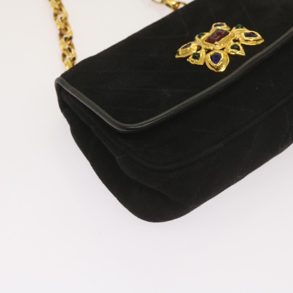 CHANEL Chain Gripoix Shoulder Bag Suede Black CC Auth hk1073