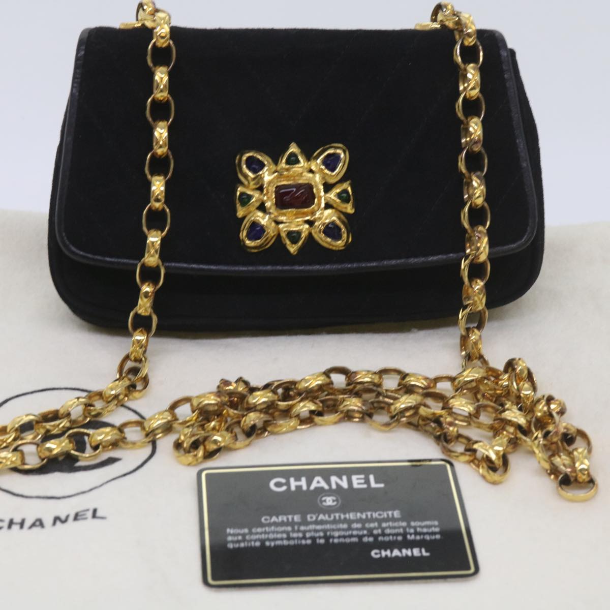 CHANEL Chain Gripoix Shoulder Bag Suede Black CC Auth hk1073