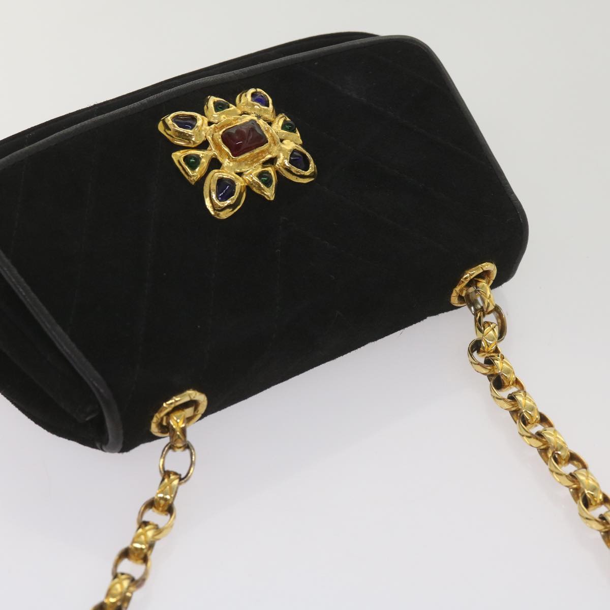 CHANEL Chain Gripoix Shoulder Bag Suede Black CC Auth hk1073