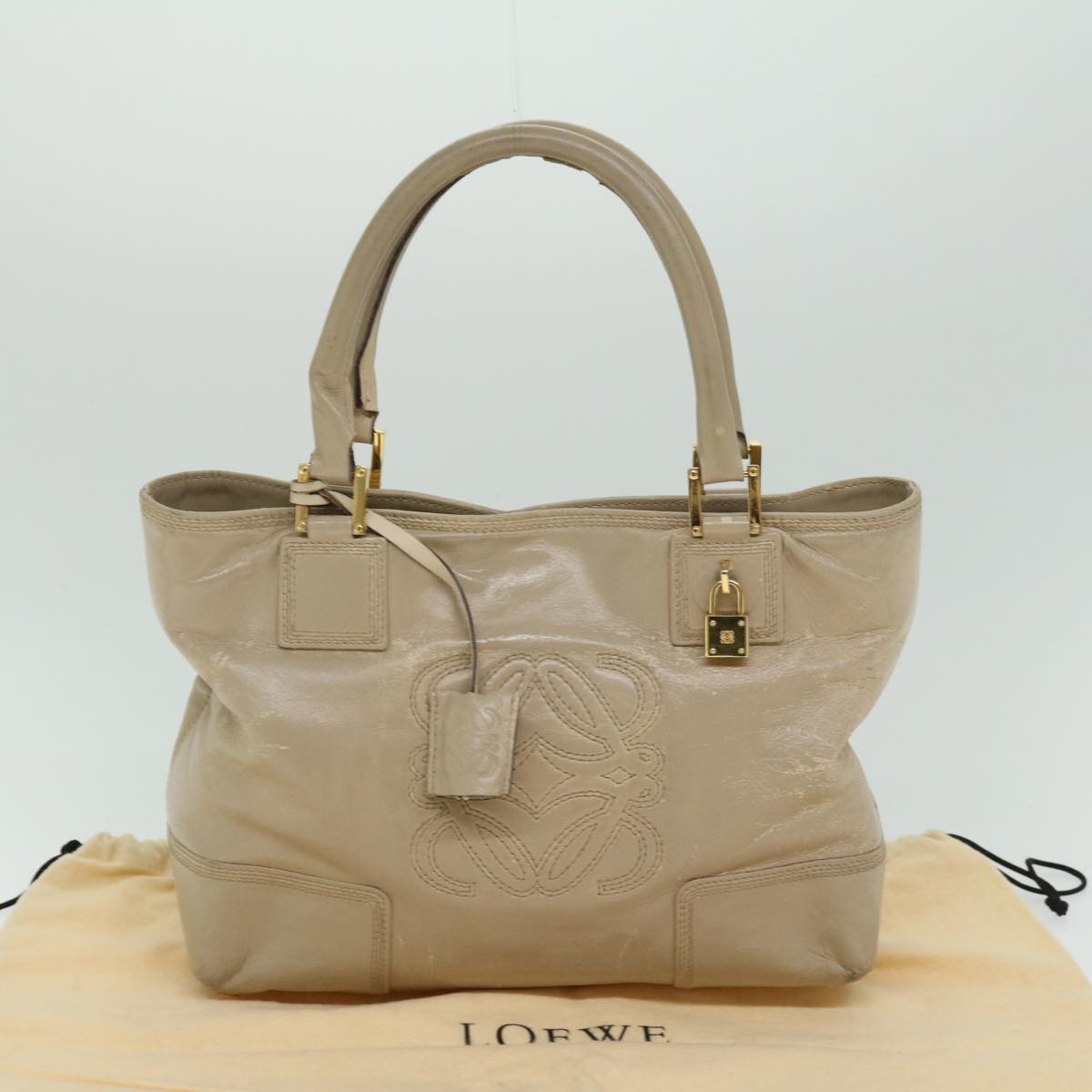 LOEWE Hand Bag Leather Beige Auth hk1095