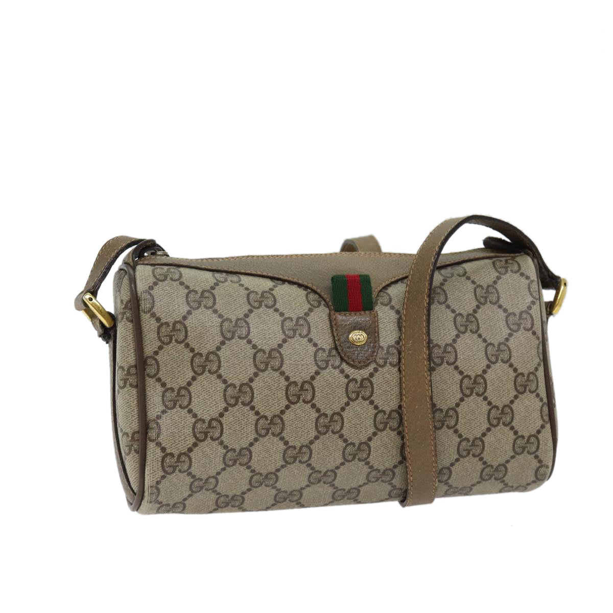 GUCCI GG Canvas Web Sherry Line Shoulder Bag PVC Beige Green Red Auth hk1193