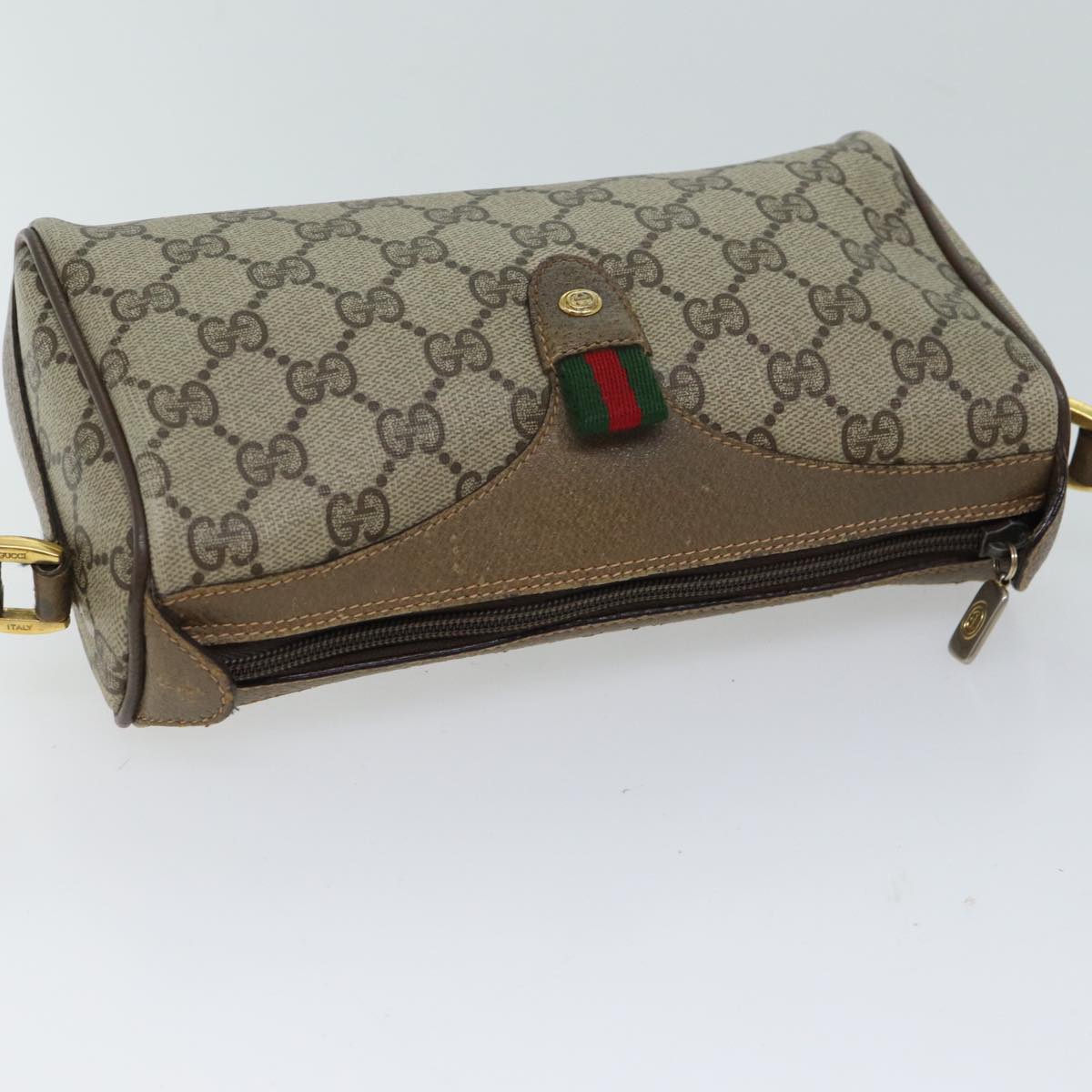 GUCCI GG Canvas Web Sherry Line Shoulder Bag PVC Beige Green Red Auth hk1193