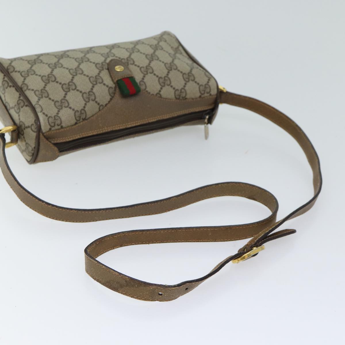 GUCCI GG Canvas Web Sherry Line Shoulder Bag PVC Beige Green Red Auth hk1193