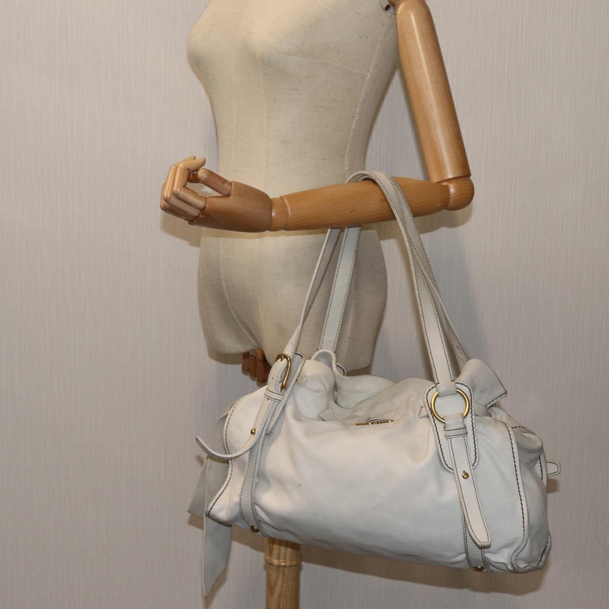 Miu Miu Tote Bag Leather White Auth hk1212