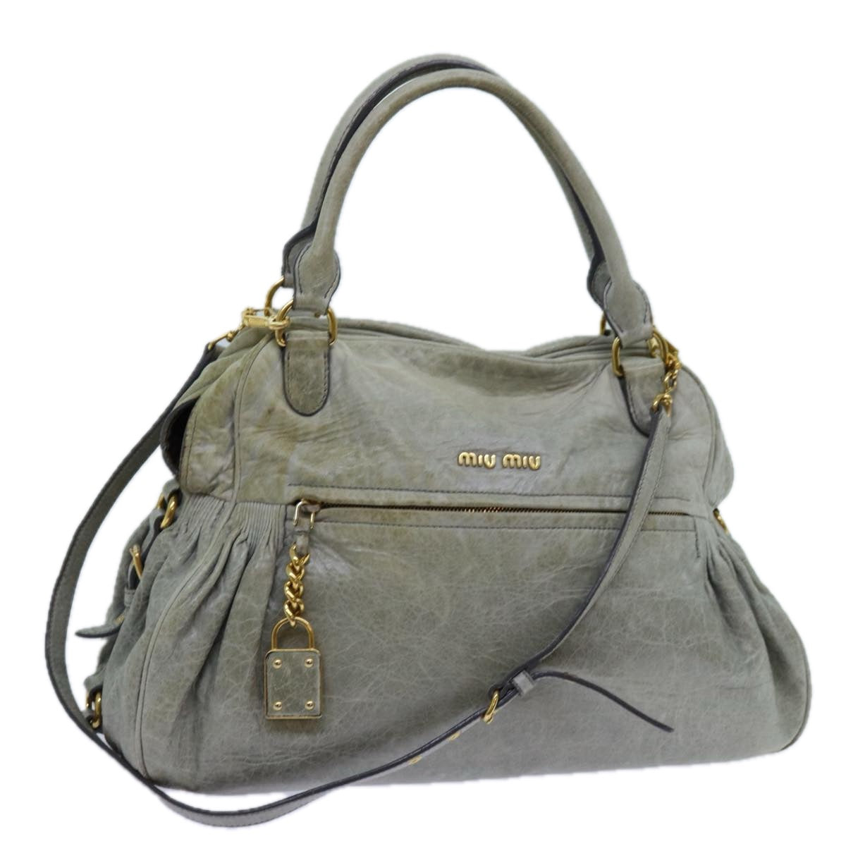 Miu Miu Hand Bag Leather 2way Gray Auth hk1213