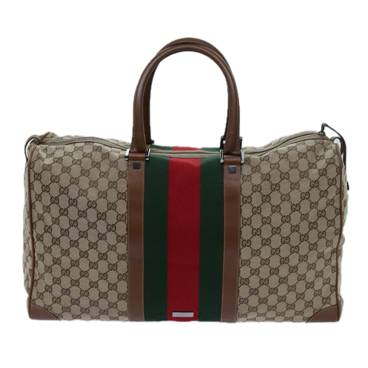 GUCCI GG Canvas Web Sherry Line Boston Bag Beige Green Red Auth hk1220