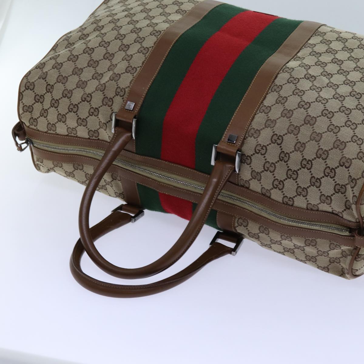 GUCCI GG Canvas Web Sherry Line Boston Bag Beige Green Red Auth hk1220