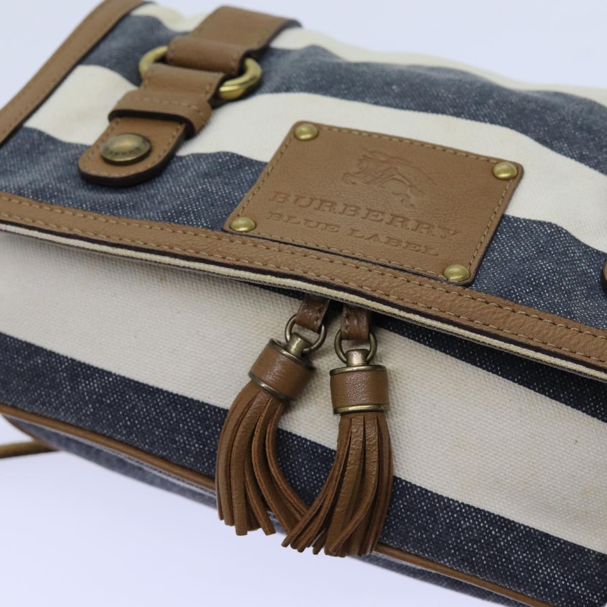 BURBERRY Blue Label Shoulder Bag Canvas White Navy Brown Auth hk1266