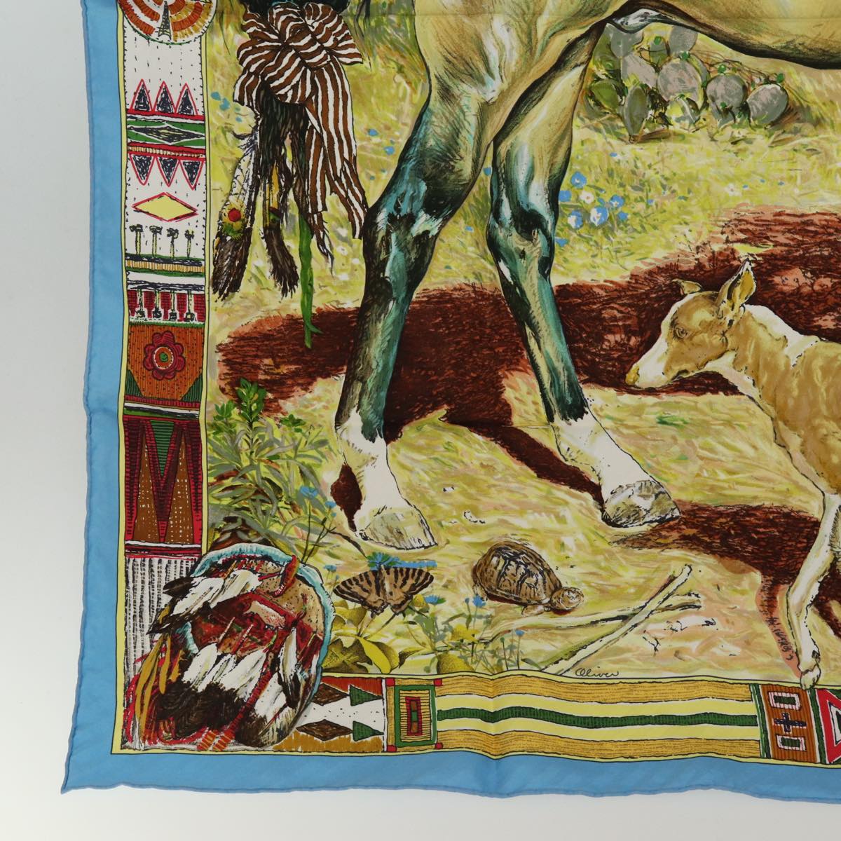 HERMES Carre 90 Scarf ""Les Cheyennes"" Silk Blue Auth hk1279