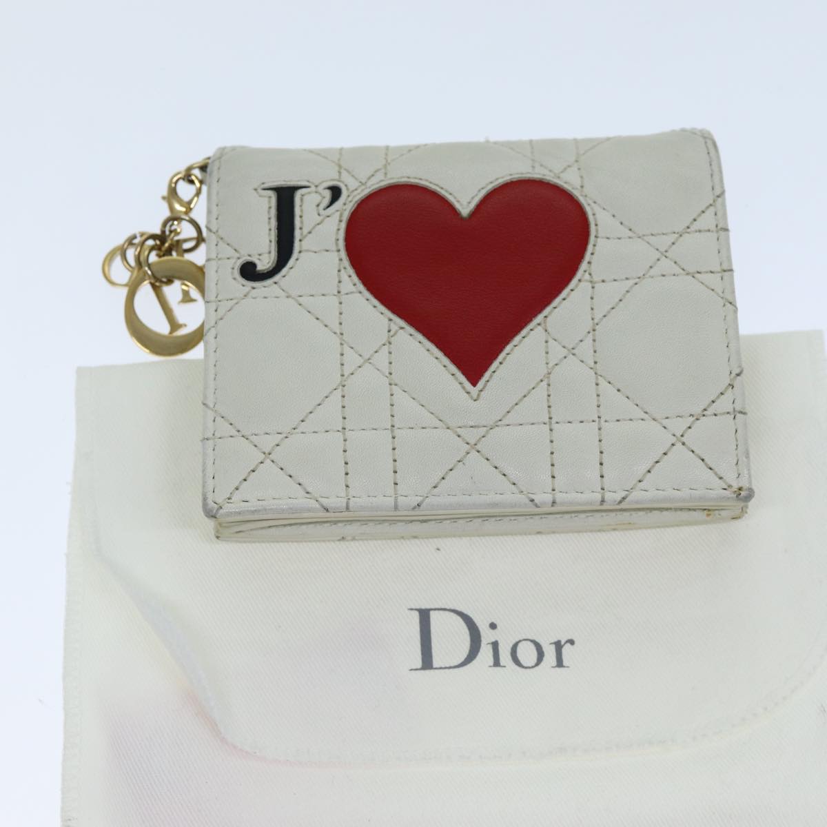 Christian Dior Lady Dior Canage Amur Bifold Wallet Lamb Skin White Auth hk1281