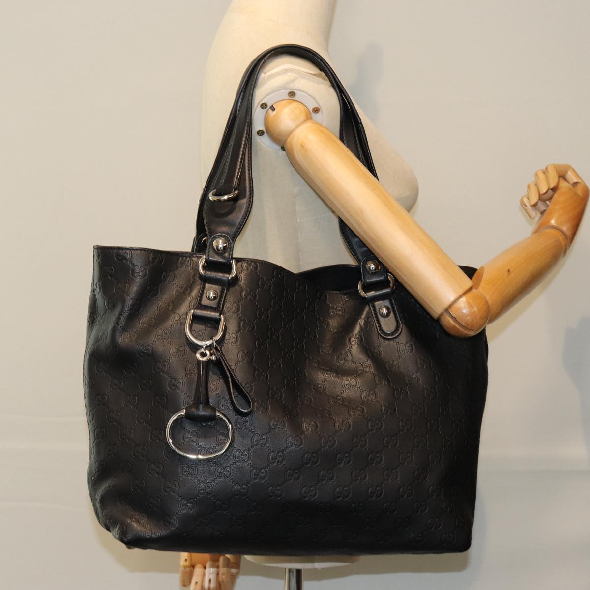 GUCCI GG Canvas Guccissima Horsebit Tote Bag Black 229852 Auth hk1292