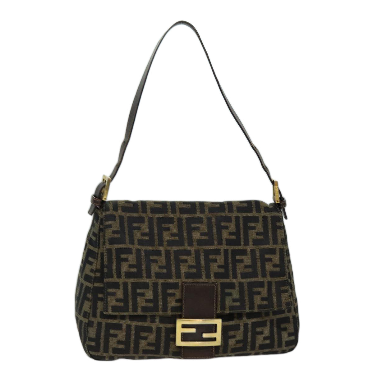 FENDI Zucca Canvas Mamma Baguette Shoulder Bag Black Brown Auth hk1297