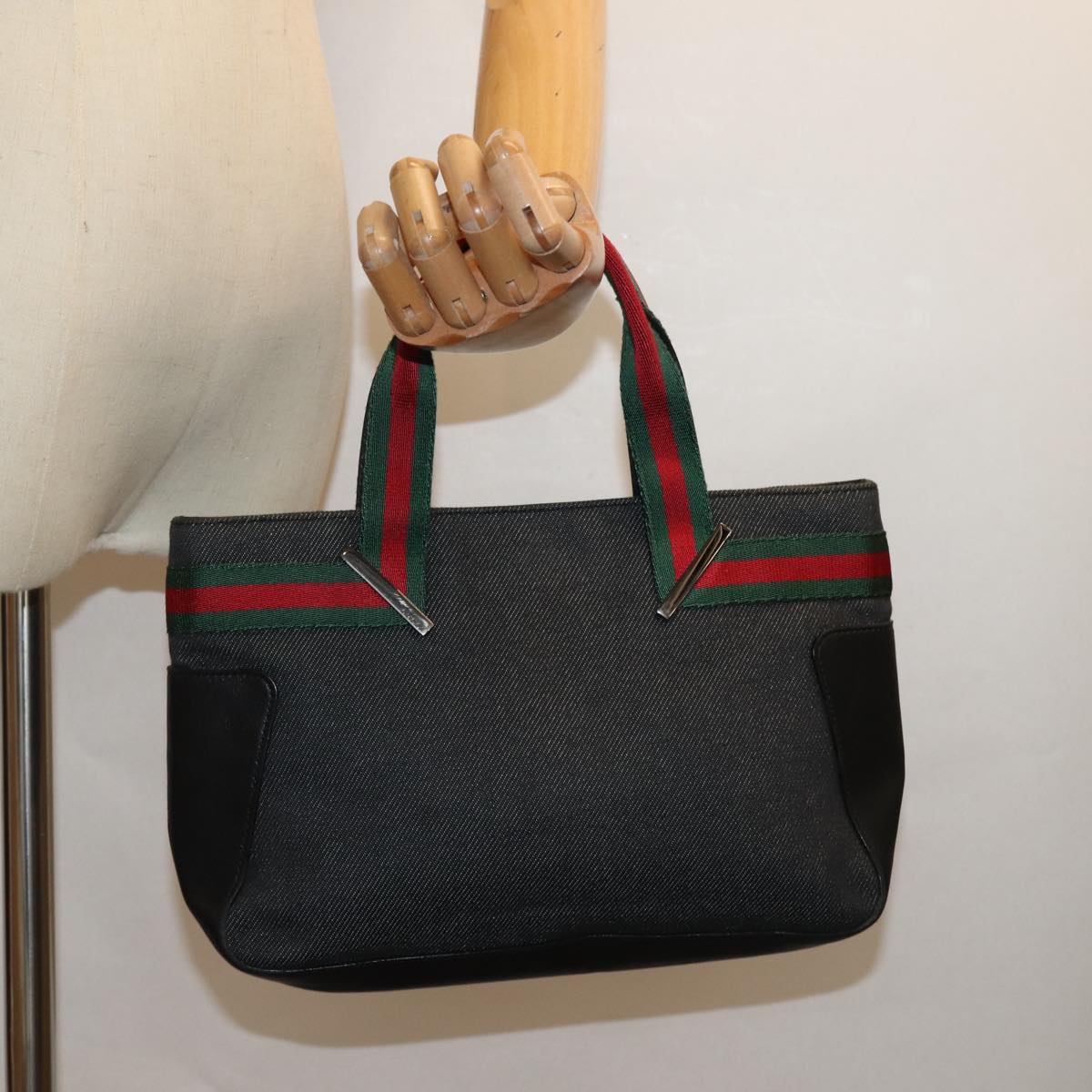 GUCCI Web Sherry Line Hand Bag Canvas Gray Red Green 73984 Auth hk1378