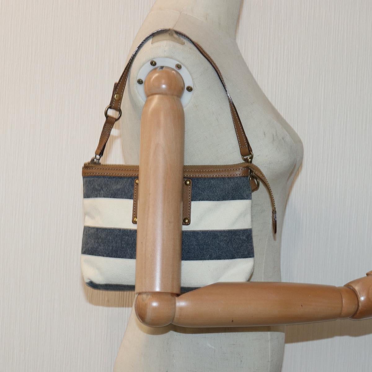 BURBERRY Blue Label Hand Bag Canvas Navy Beige Brown Auth hk1415