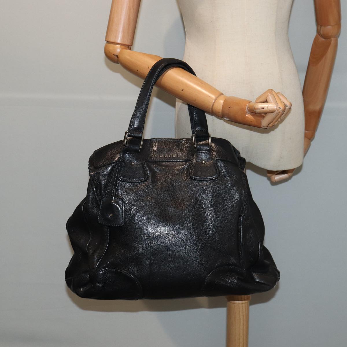 CELINE Hand Bag Leather Black Auth hk1429