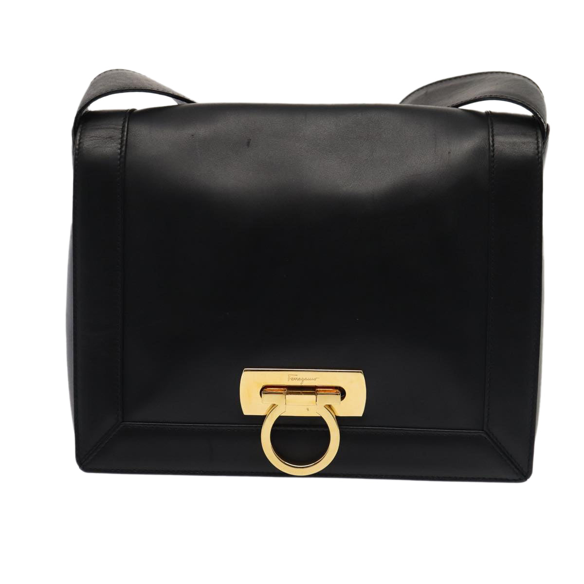 Salvatore Ferragamo Gancini Shoulder Bag Leather Black Auth hk1453