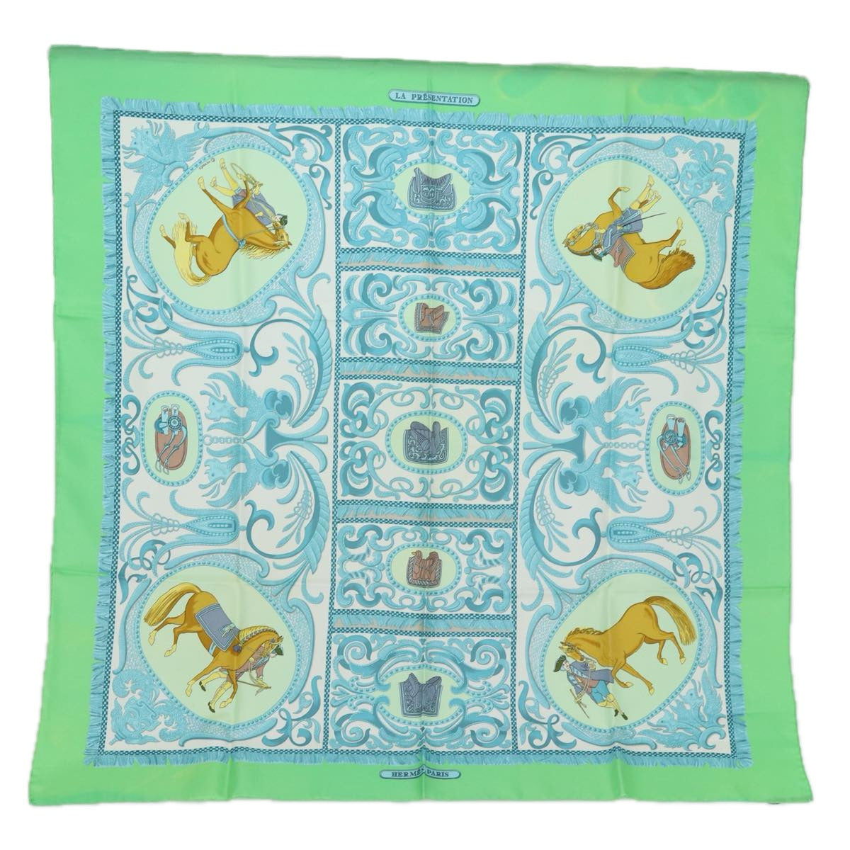 HERMES Carre90 Scarf ""LA PRESENTATION"" Silk Green Auth hk1477