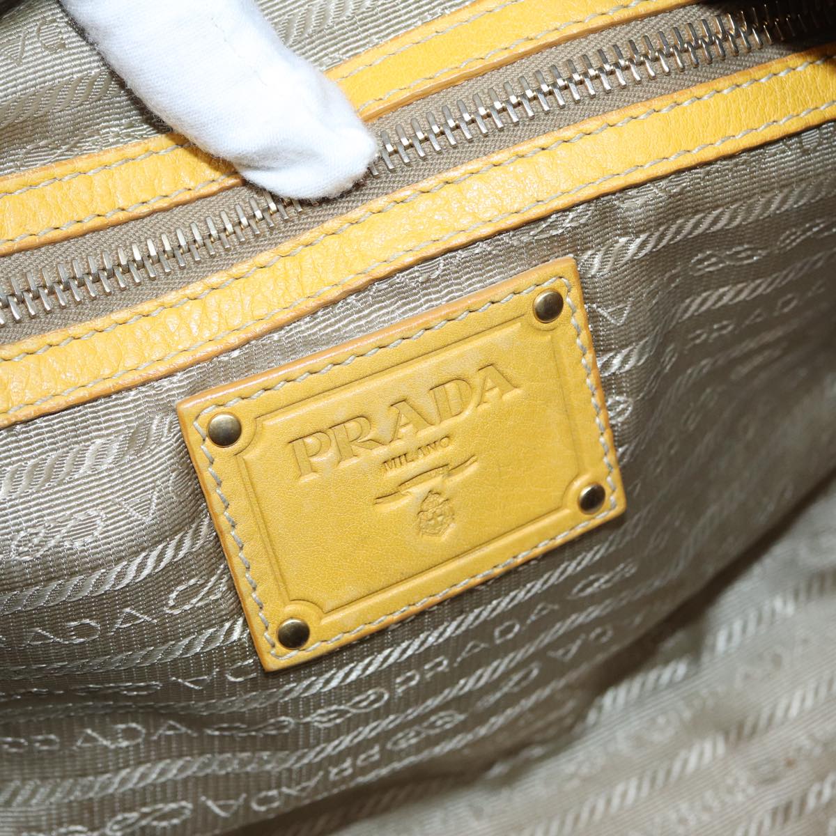 PRADA Hand Bag Canvas Beige Yellow Auth hk1503