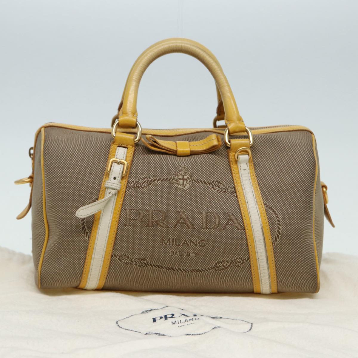 PRADA Hand Bag Canvas Beige Yellow Auth hk1503