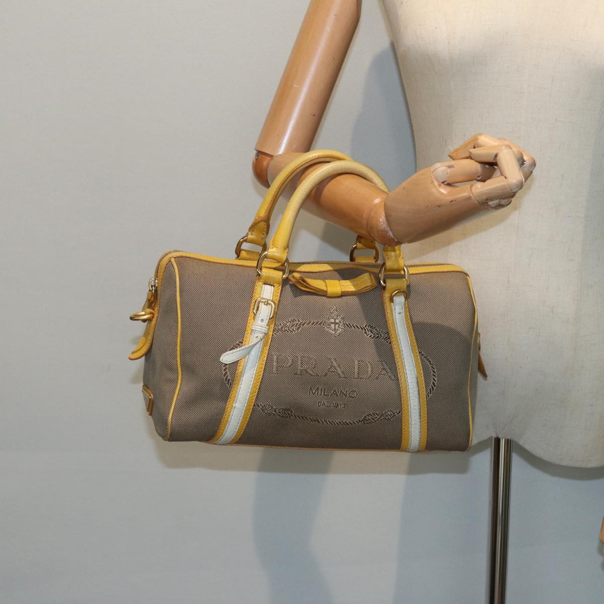 PRADA Hand Bag Canvas Beige Yellow Auth hk1503