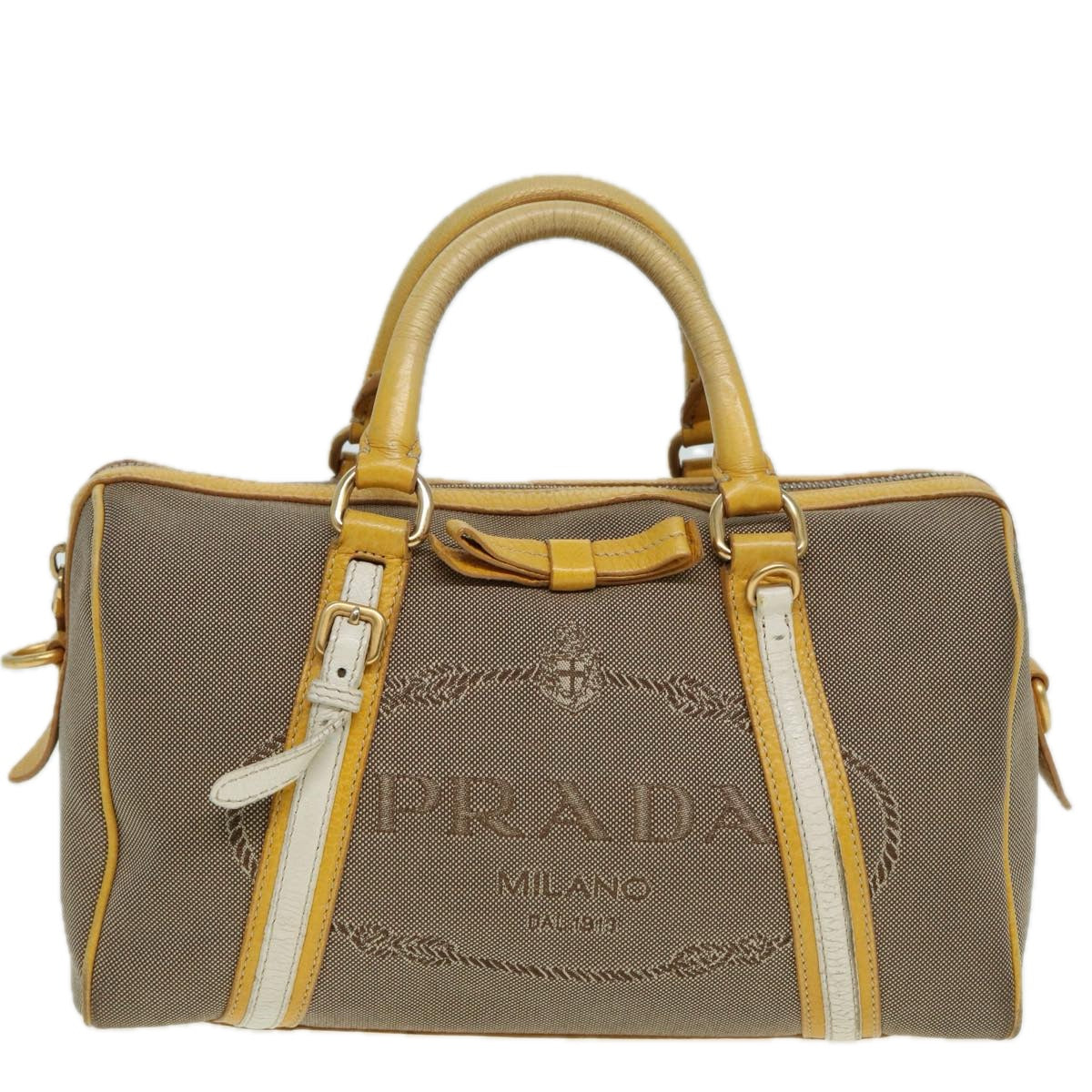 PRADA Hand Bag Canvas Beige Yellow Auth hk1503