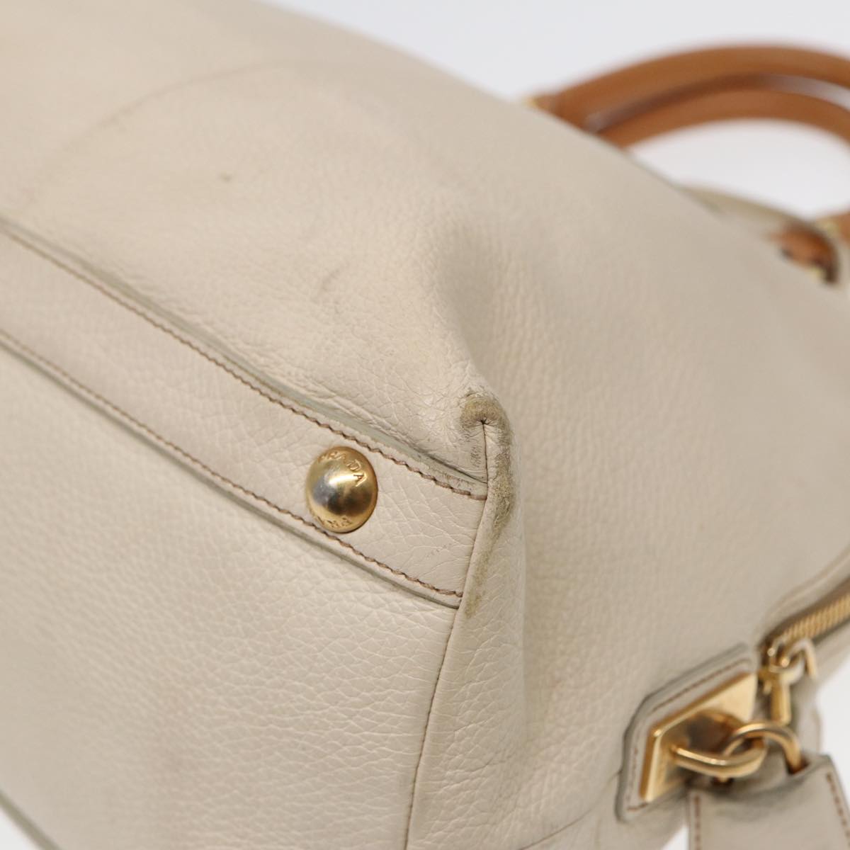 PRADA Hand Bag Leather White Brown gold Auth hk1562