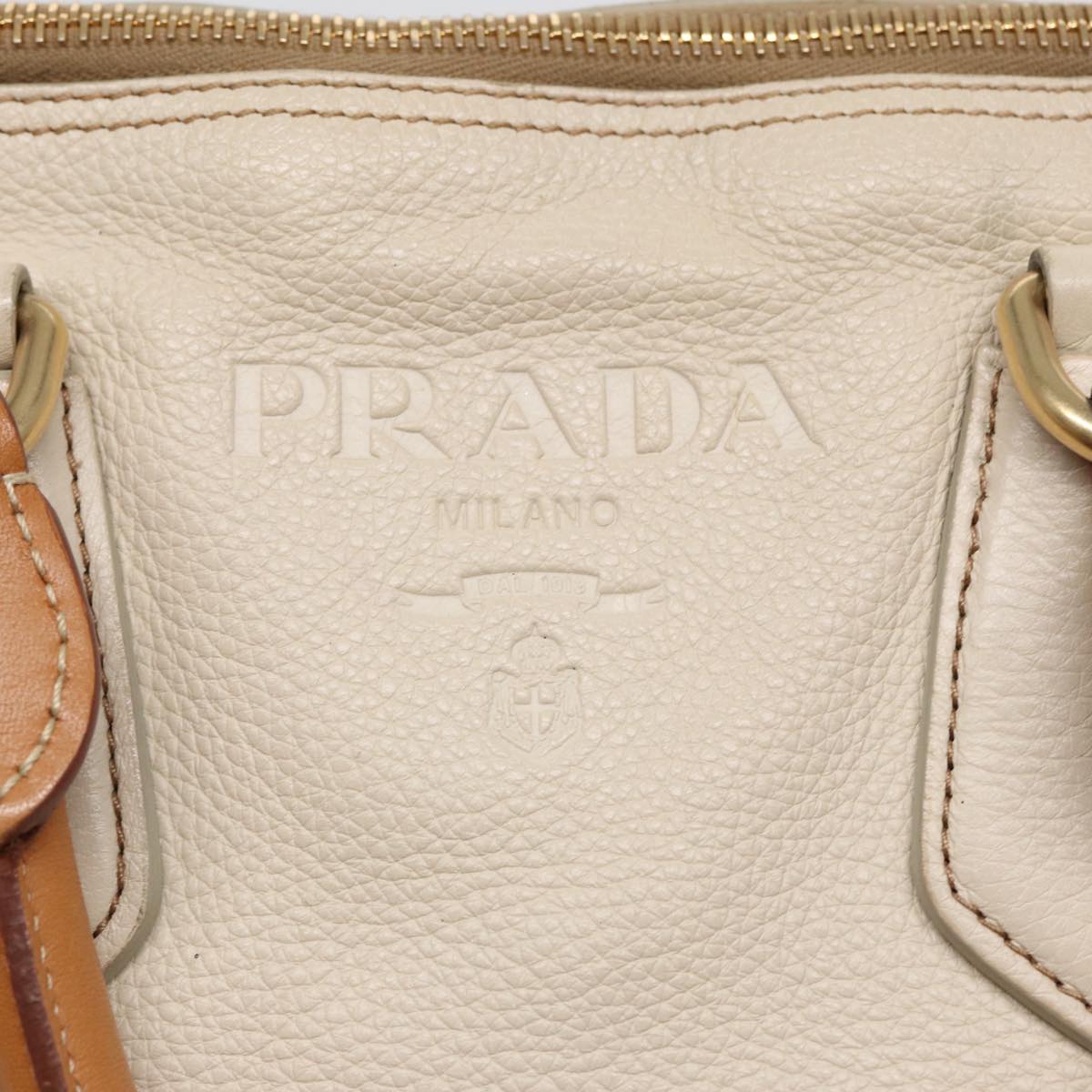 PRADA Hand Bag Leather White Brown gold Auth hk1562