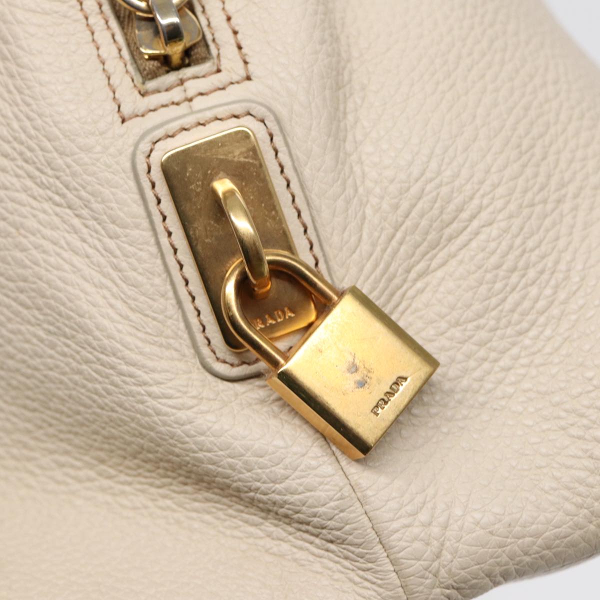 PRADA Hand Bag Leather White Brown gold Auth hk1562