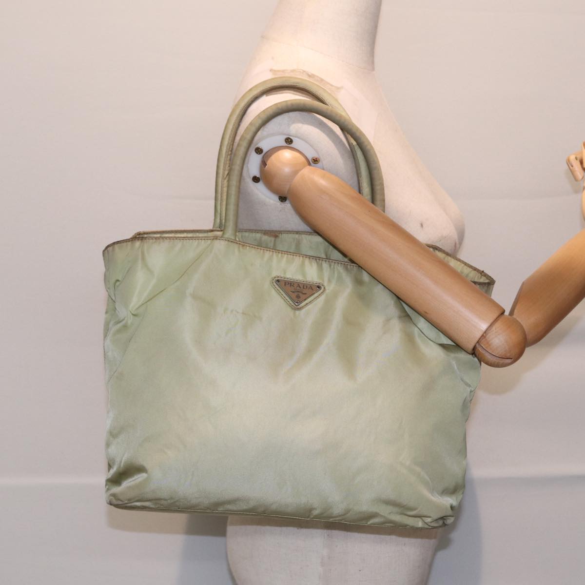 PRADA Tote Bag Nylon Silver Pistachio Green Auth hk1563