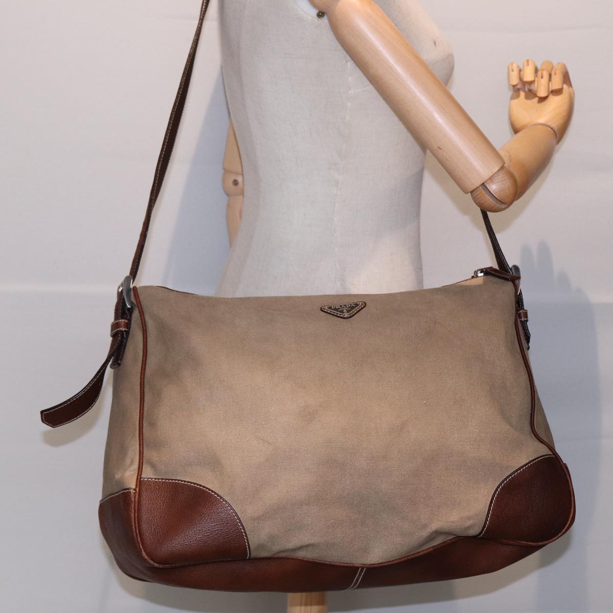 PRADA Shoulder Bag Canvas Leather Beige Brown Silver Auth hk1565