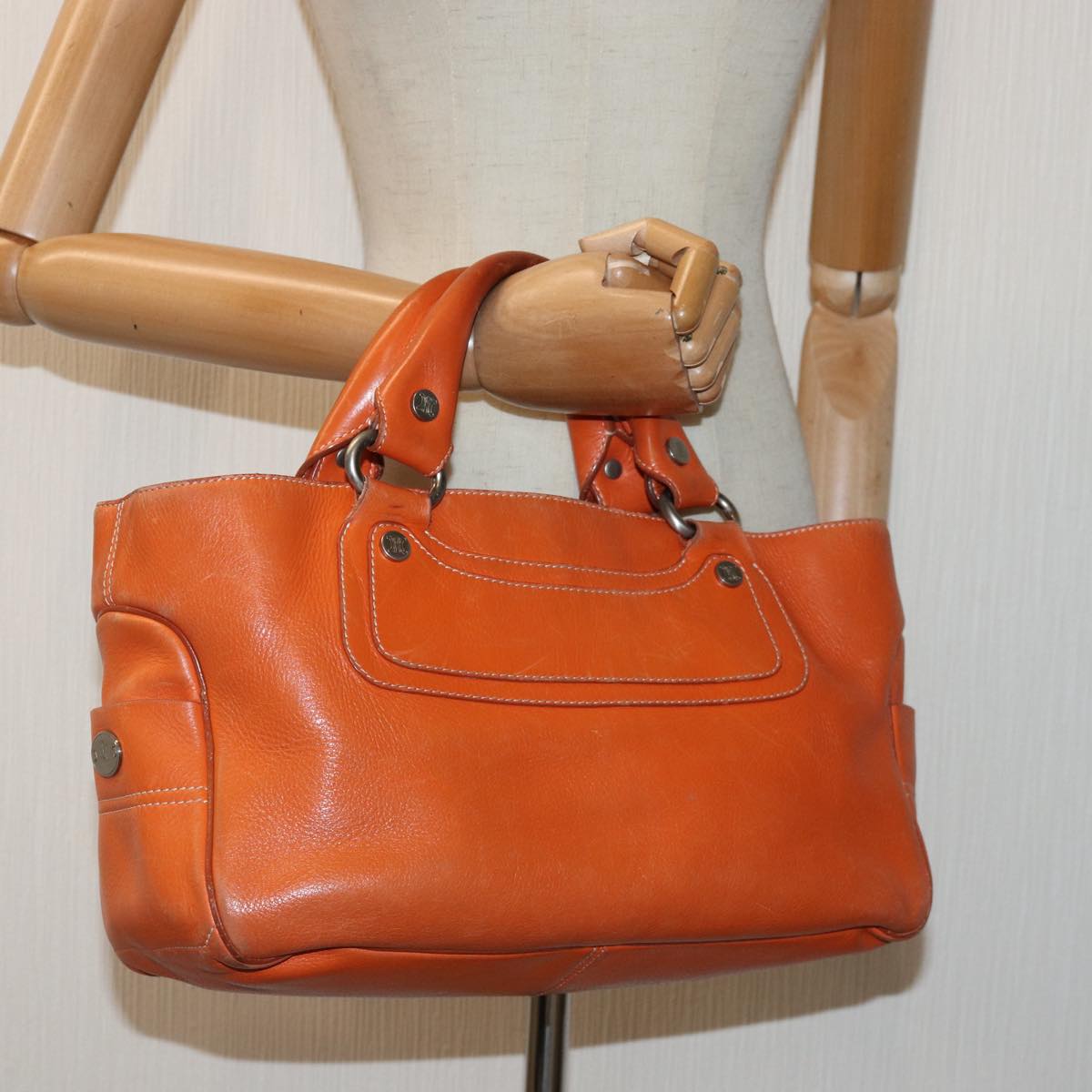 CELINE Hand Bag Leather Orange Silver Auth hk1605