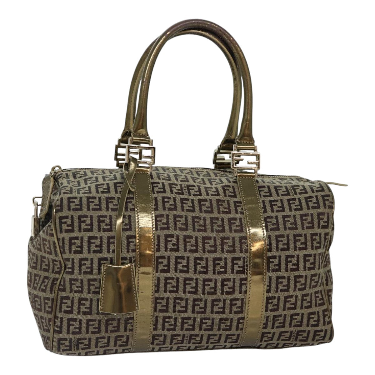 FENDI Zucchino Canvas Boston Bag Beige Gold Auth hk1608