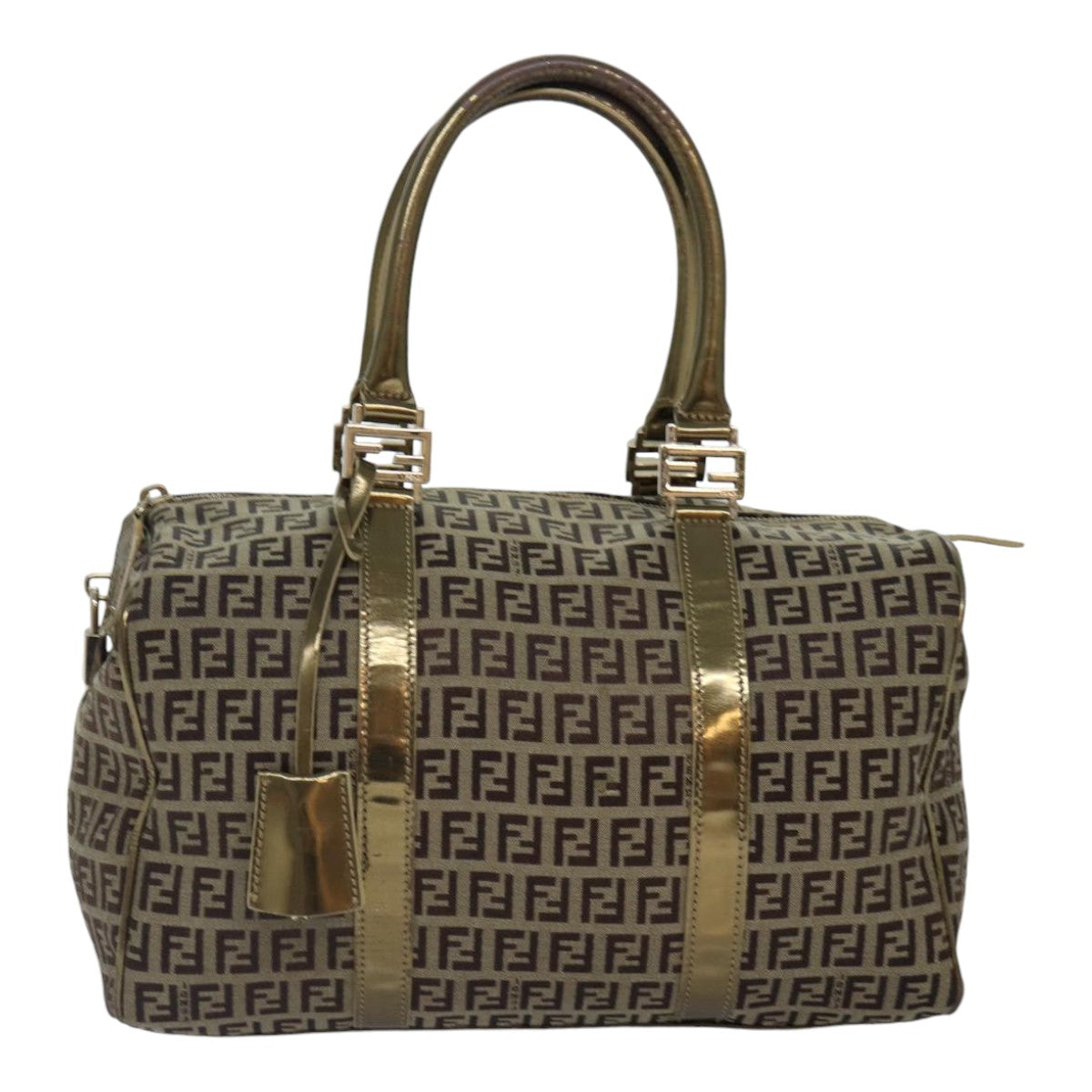 FENDI Zucchino Canvas Boston Bag Beige Gold Auth hk1608