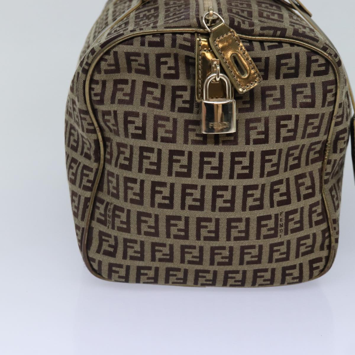 FENDI Zucchino Canvas Boston Bag Beige Gold Auth hk1608