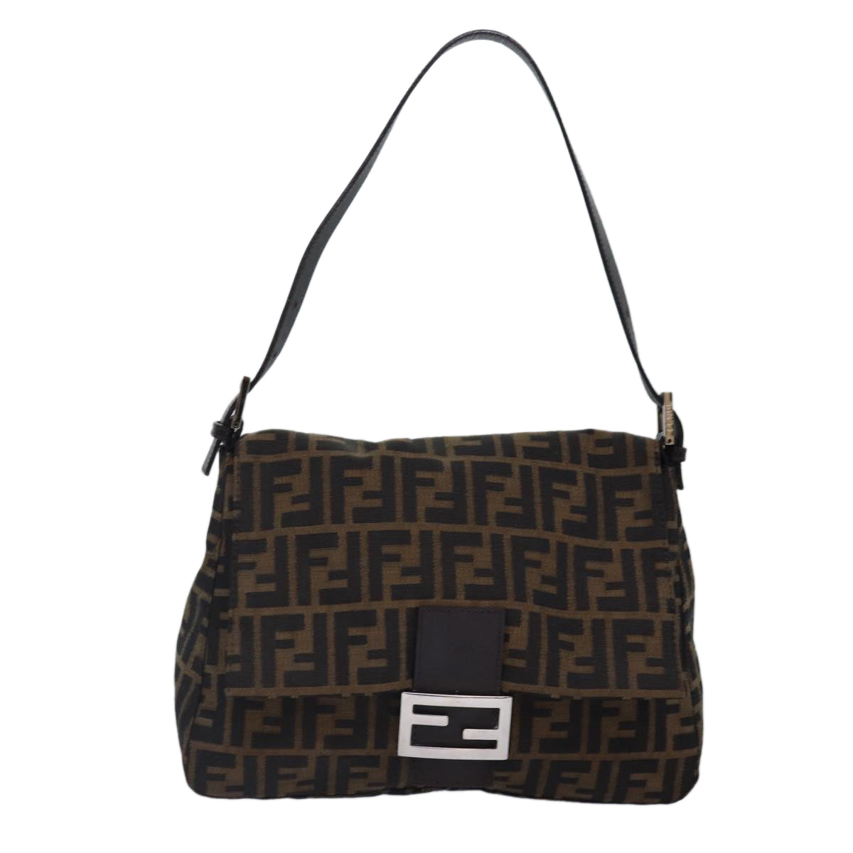 FENDI Zucca Canvas Mamma Baguette Shoulder Bag Brown Black Silver Auth hk1612