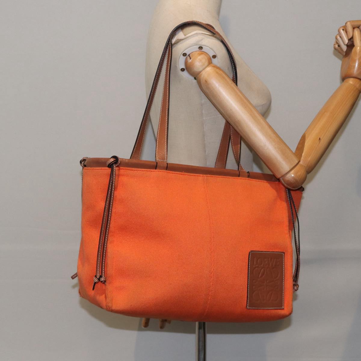 LOEWE Anagram Tote Bag Canvas Leather Orange Brown Auth hk1621