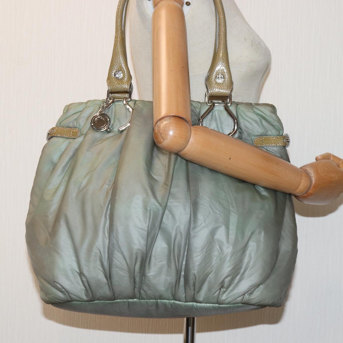 CELINE Tote Bag Nylon Leather Khaki Silver Auth hk1623