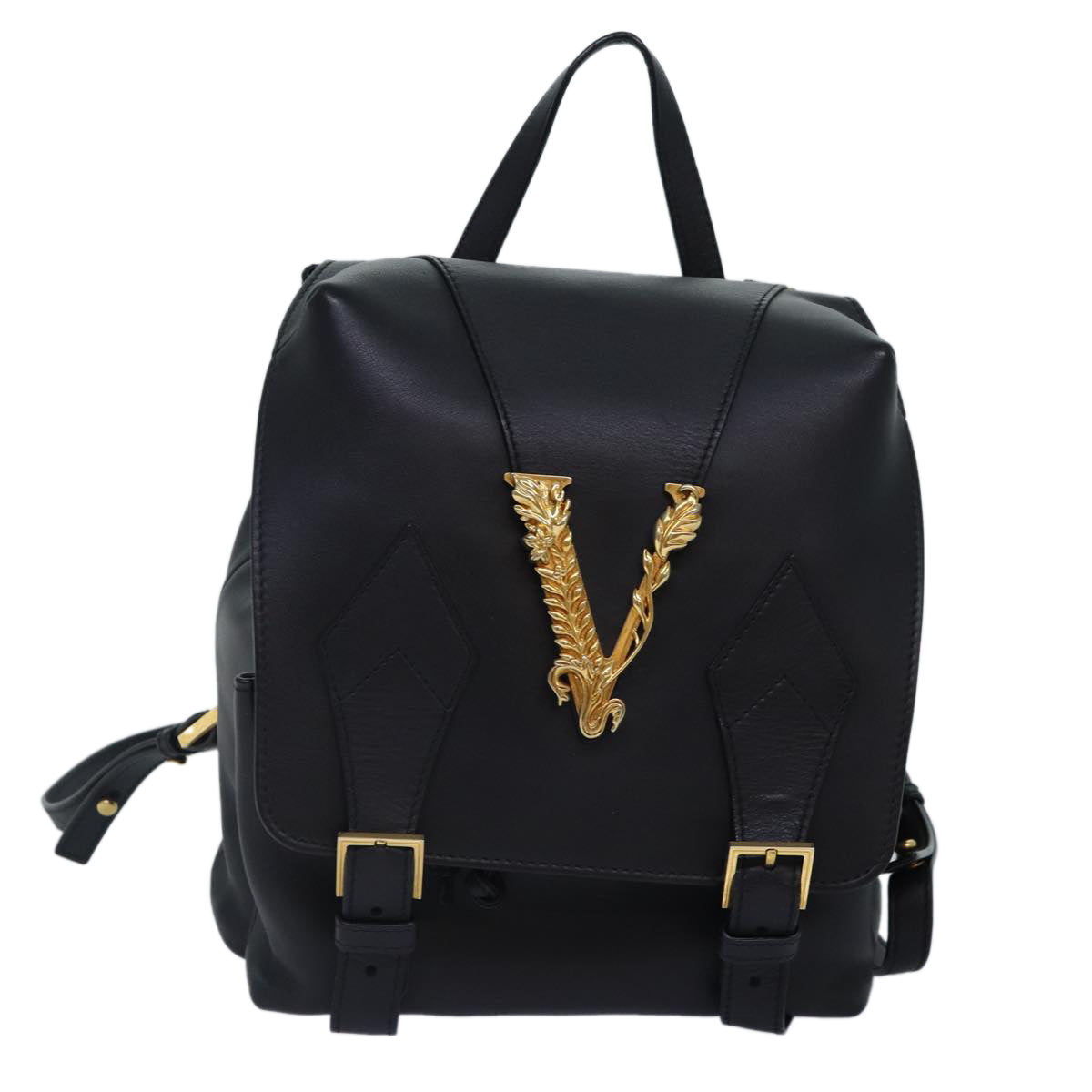 VERSACE Shoulder Bag Leather Black Gold Auth hk1627